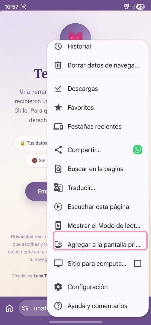 Android paso 1: menú Chrome desplegado con la opción Agregar a la pantalla principal