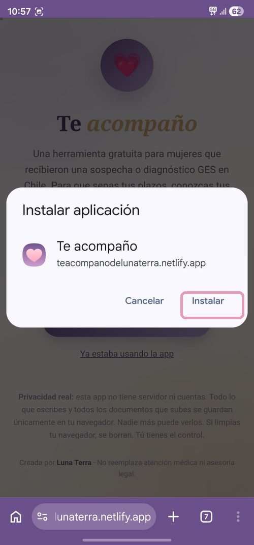 Android paso 2: diálogo Instalar aplicación con botón Instalar