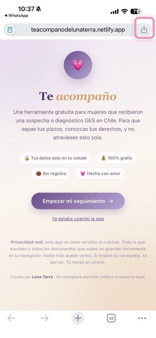 iPhone paso 1: Safari con el app abierto y botón compartir arriba a la derecha
